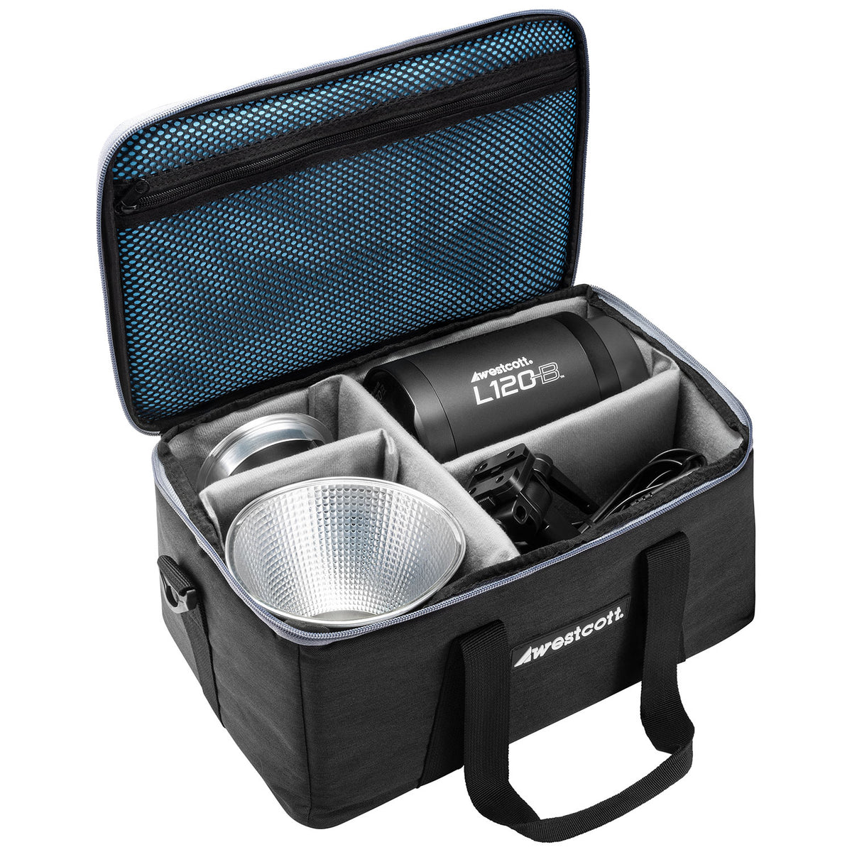 L120-B Bi-Color COB LED with Battery and Charger shown packed in case