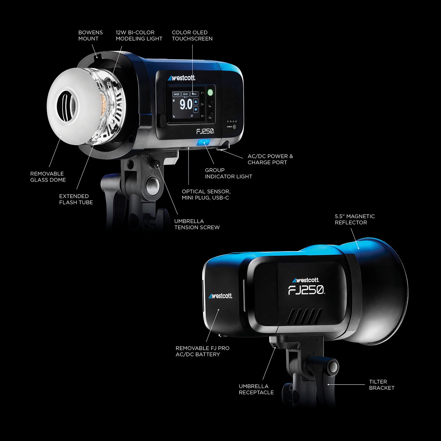 FJ250 Touchscreen Strobe with FJ Pro AC/DC Battery (250Ws)